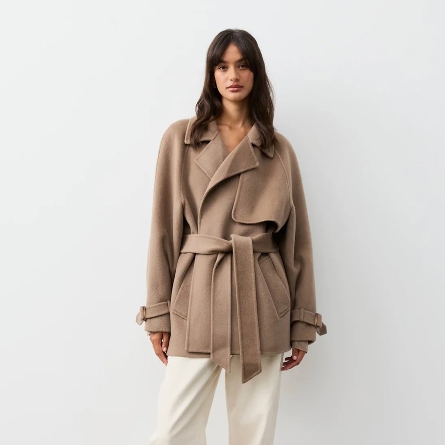 The Curated Trench Coat Women Large Camel Wool Cashmere Belted Short Tan
